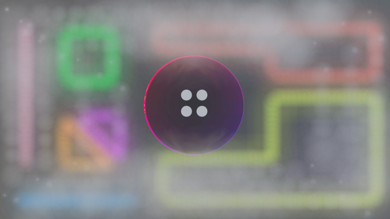 A button in the middle, along with colorful, blurry abstract shapes.
