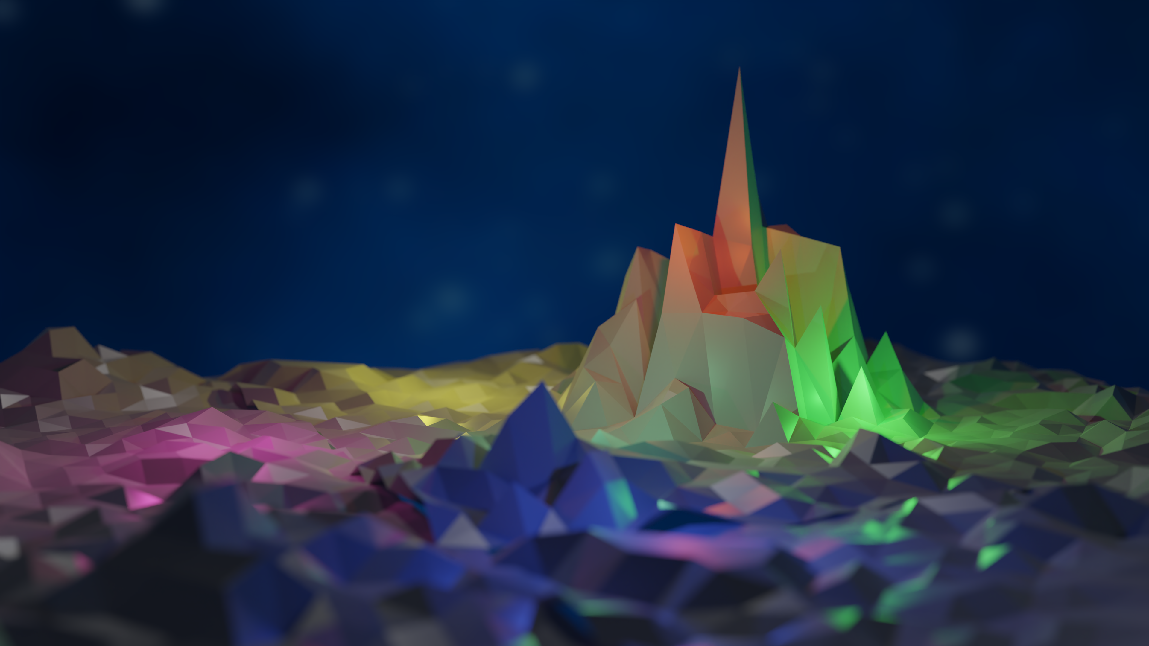 Mountain in outer space with colorful lights around the mountain