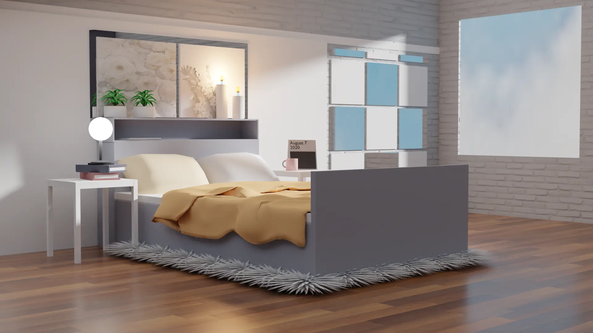 A cozy bedroom render featuring a comfortable bed and a bright window letting in natural light.