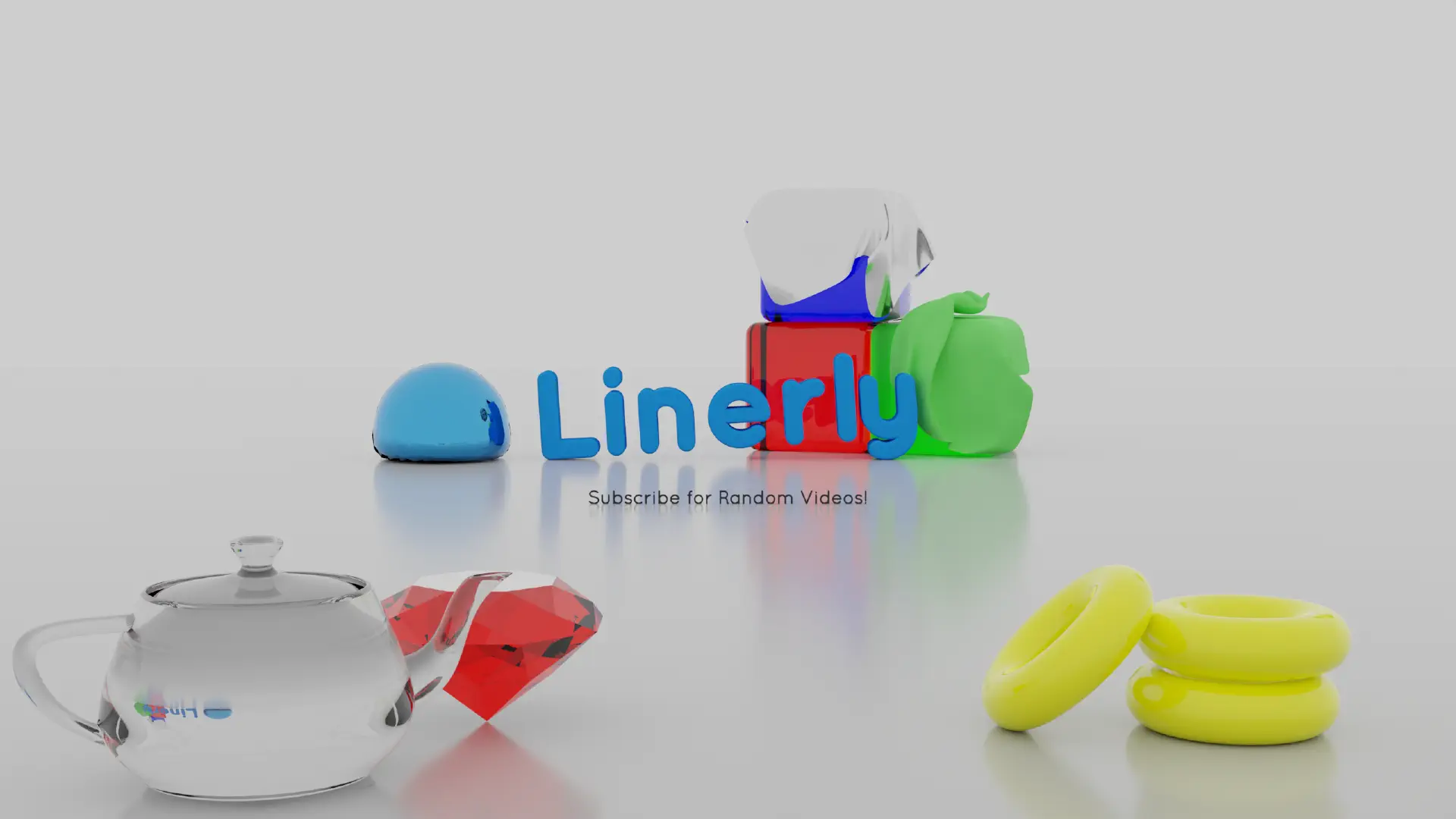 My YouTube channel art with various 3D shapes and fabrics with the main text 'Linerly' resting on the floor with the text 'Subscribe for Random Videos!' in front of it.