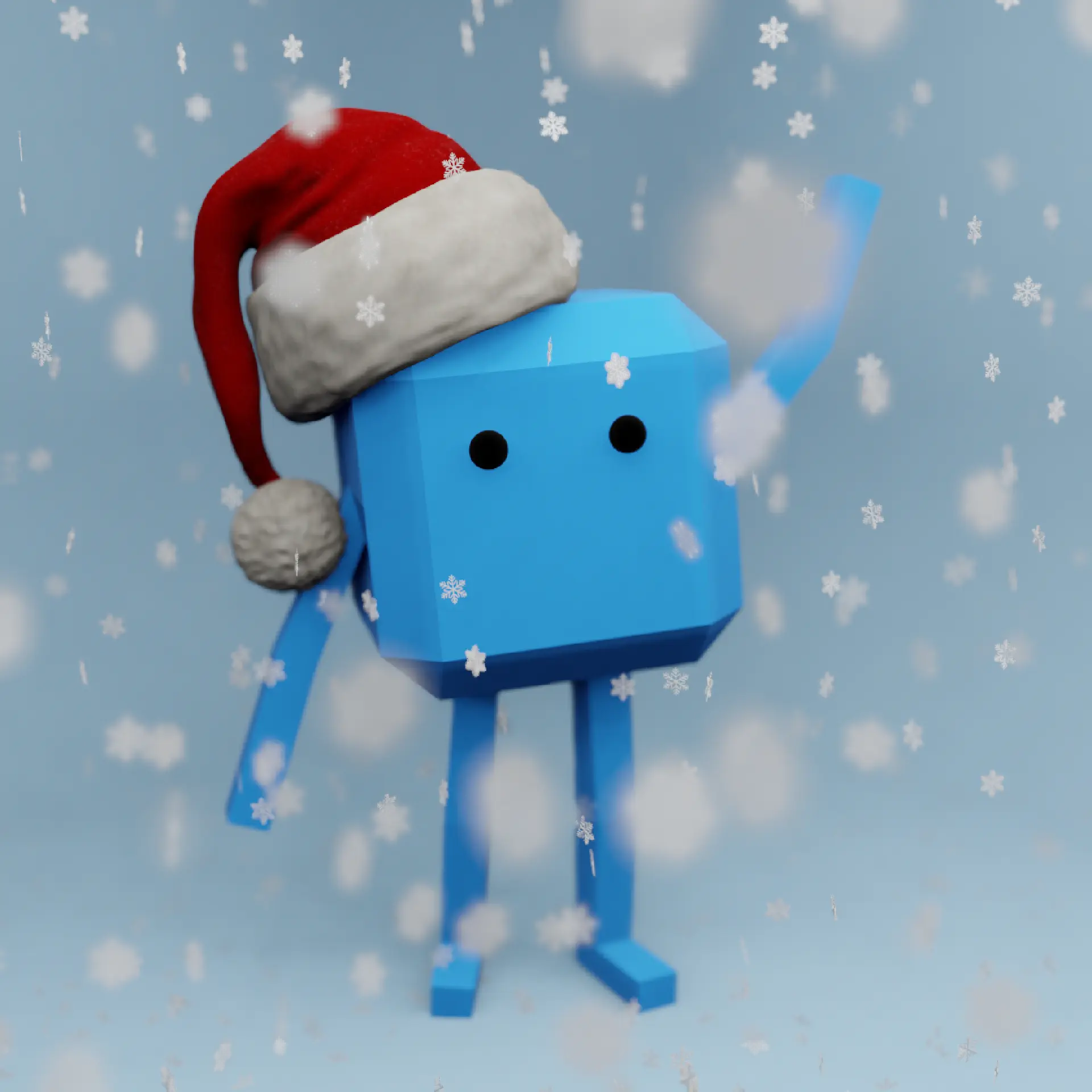 My Cube Humanoid character waving while wearing Santa's hat with falling snow in the background.