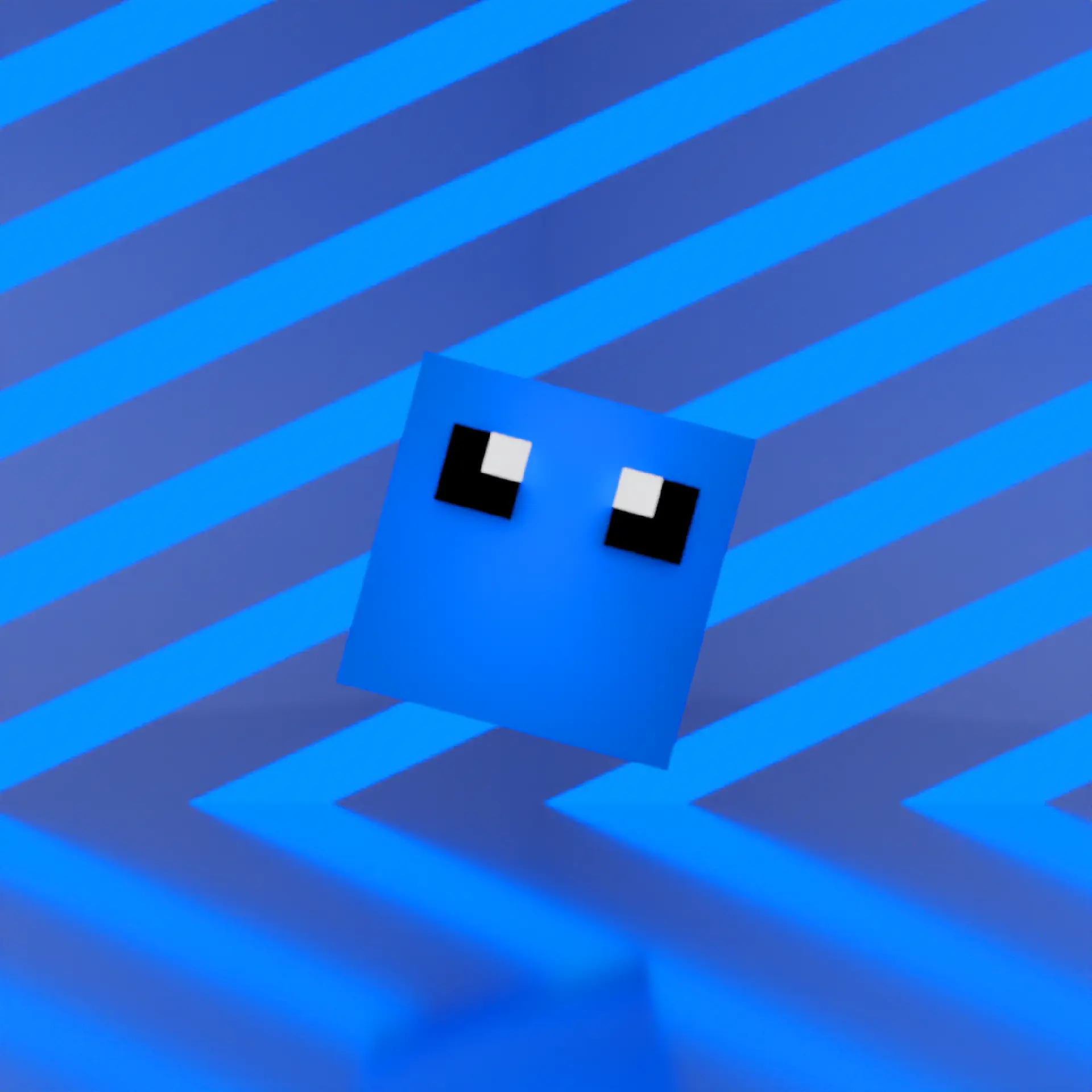 My latest Cubie character tilting to the right with a striped background, rendered in 3D with ray tracing.