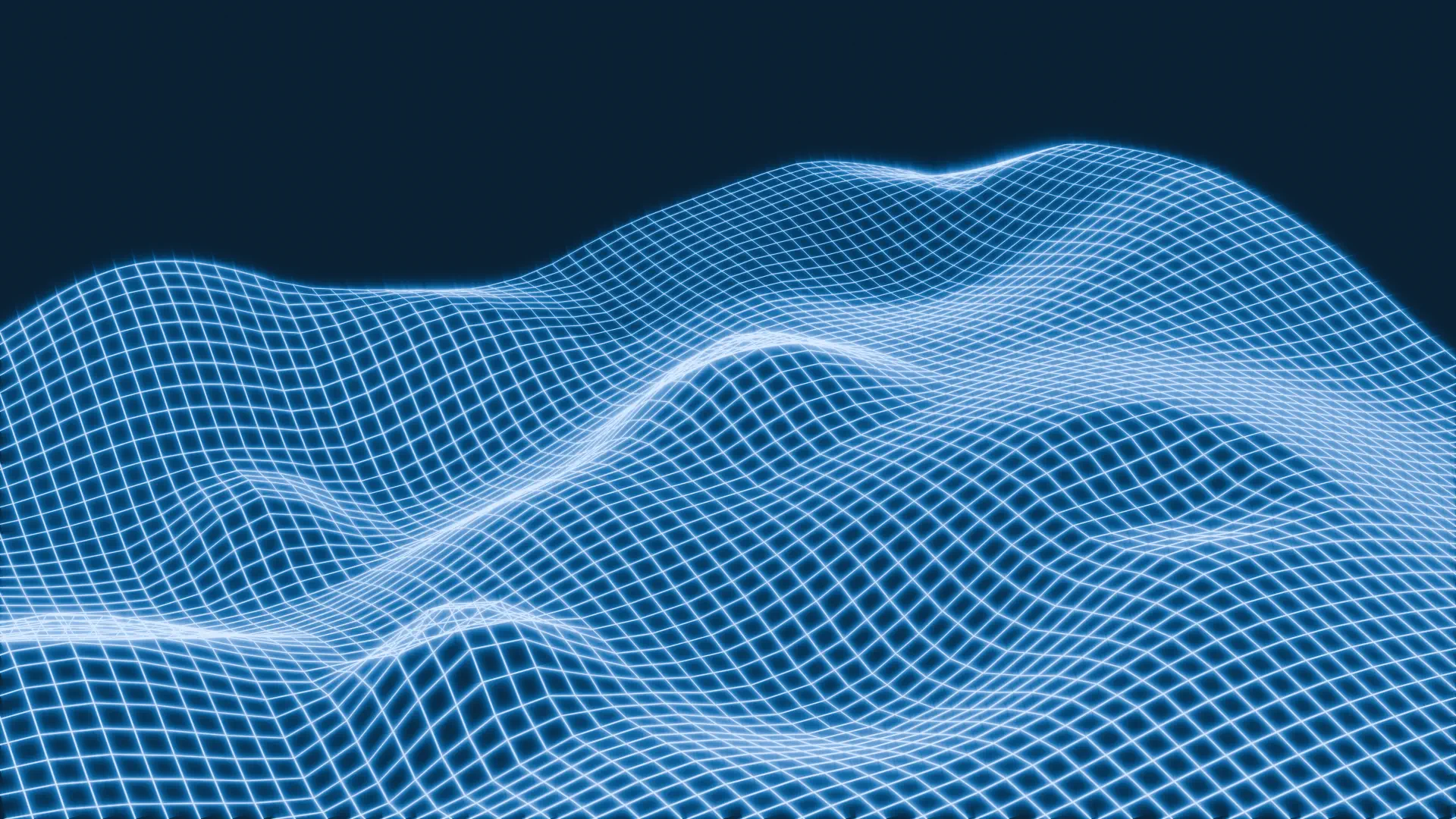 A 3D blue grid terrain with a bloom effect on the camera.