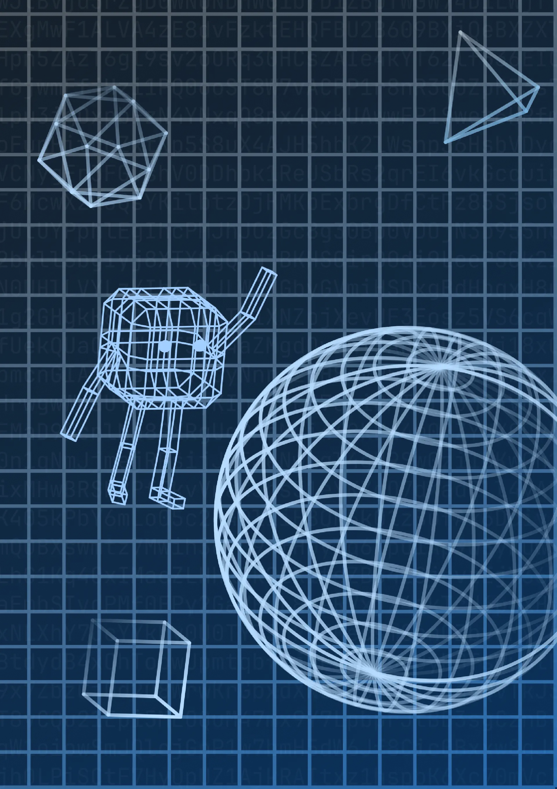 A blue grid with my Cube Humanoid character along with some other shapes with its wireframe visible. The background has subtle random text characters.