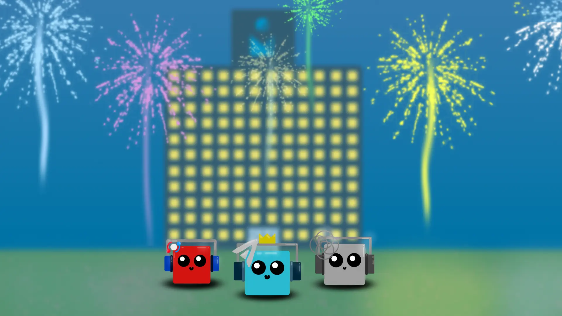 Three members of MediaPlay Discord (JoshuaTNTGamer, TechNewVideo, and RockyR) in front of a tall building with the MPD logo above with fireworks in the background.