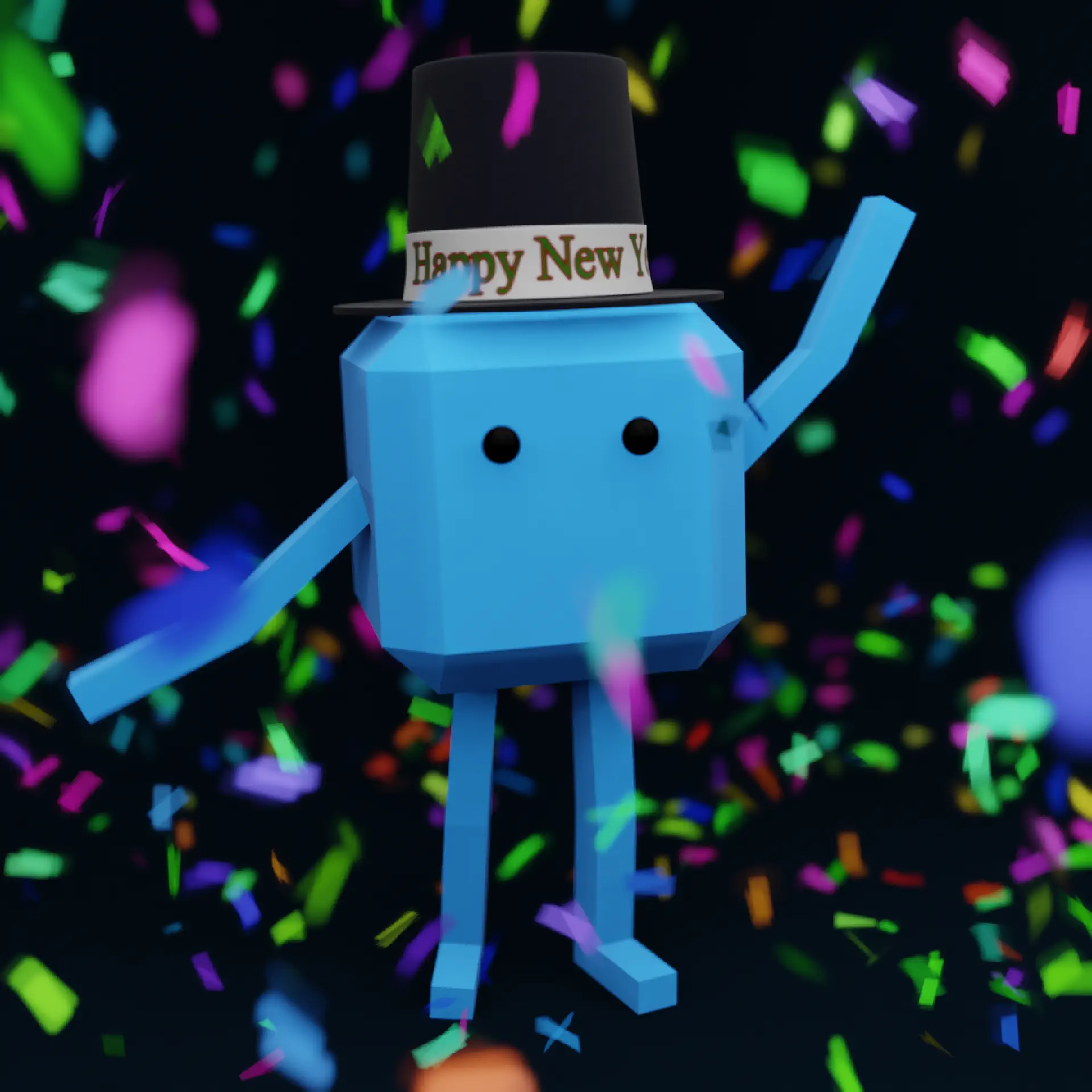 My Cube Humanoid character with arms up while wearing a hat with the words 'Happy New Year!' around it on a black background with confetti falling down.