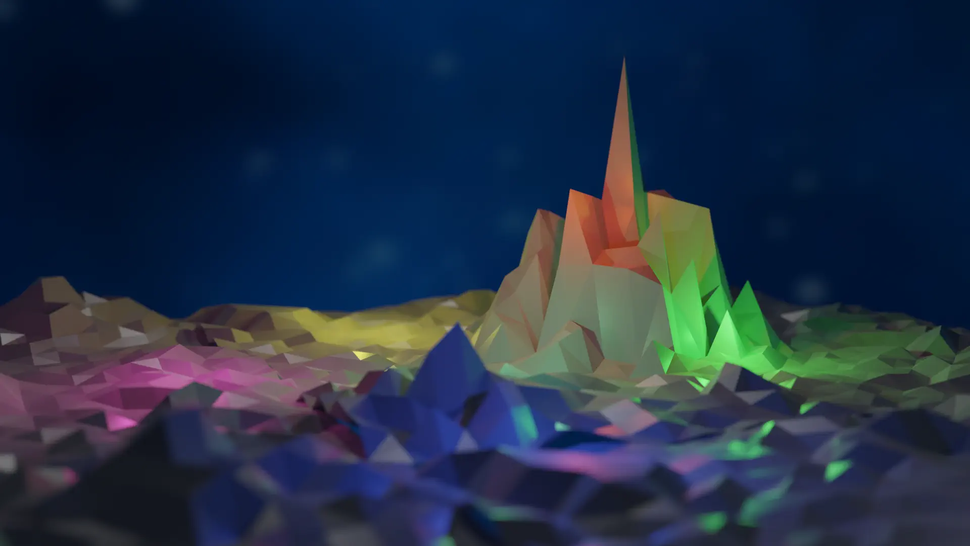 A 3D render PC wallpaper with rough hills and a mountain made from a subdivided plane, being illuminated with colorful lights, in nighttime with blurry stars in the sky.
