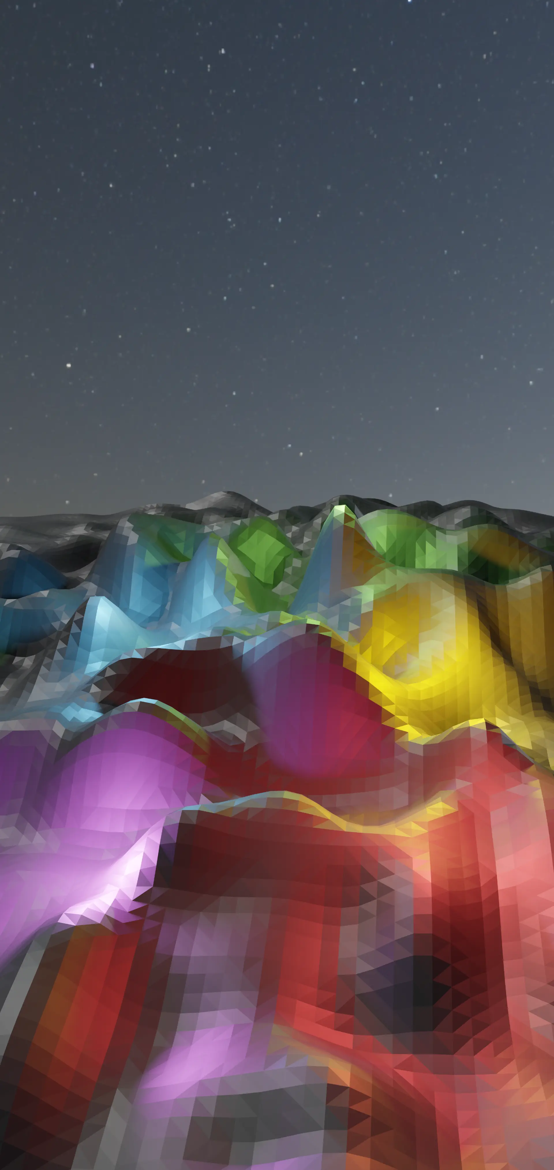 A phone wallpaper with a smooth hilly terrain made from a subdivided plane, illuminated with colorful lights. The sky is approaching nighttime with clear stars.