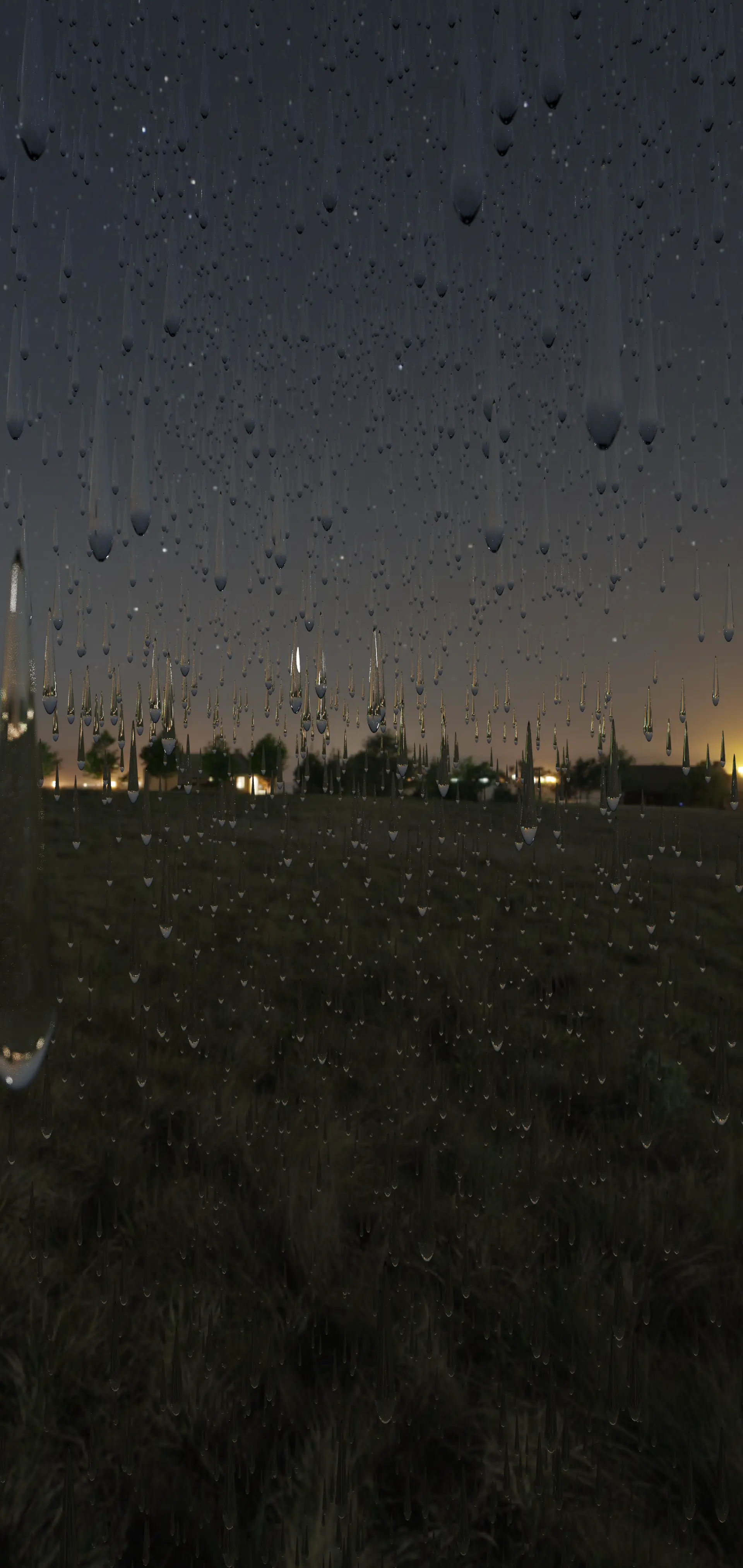 Raindrops staying still with an HDRI background of a grassy terrain with houses far away.