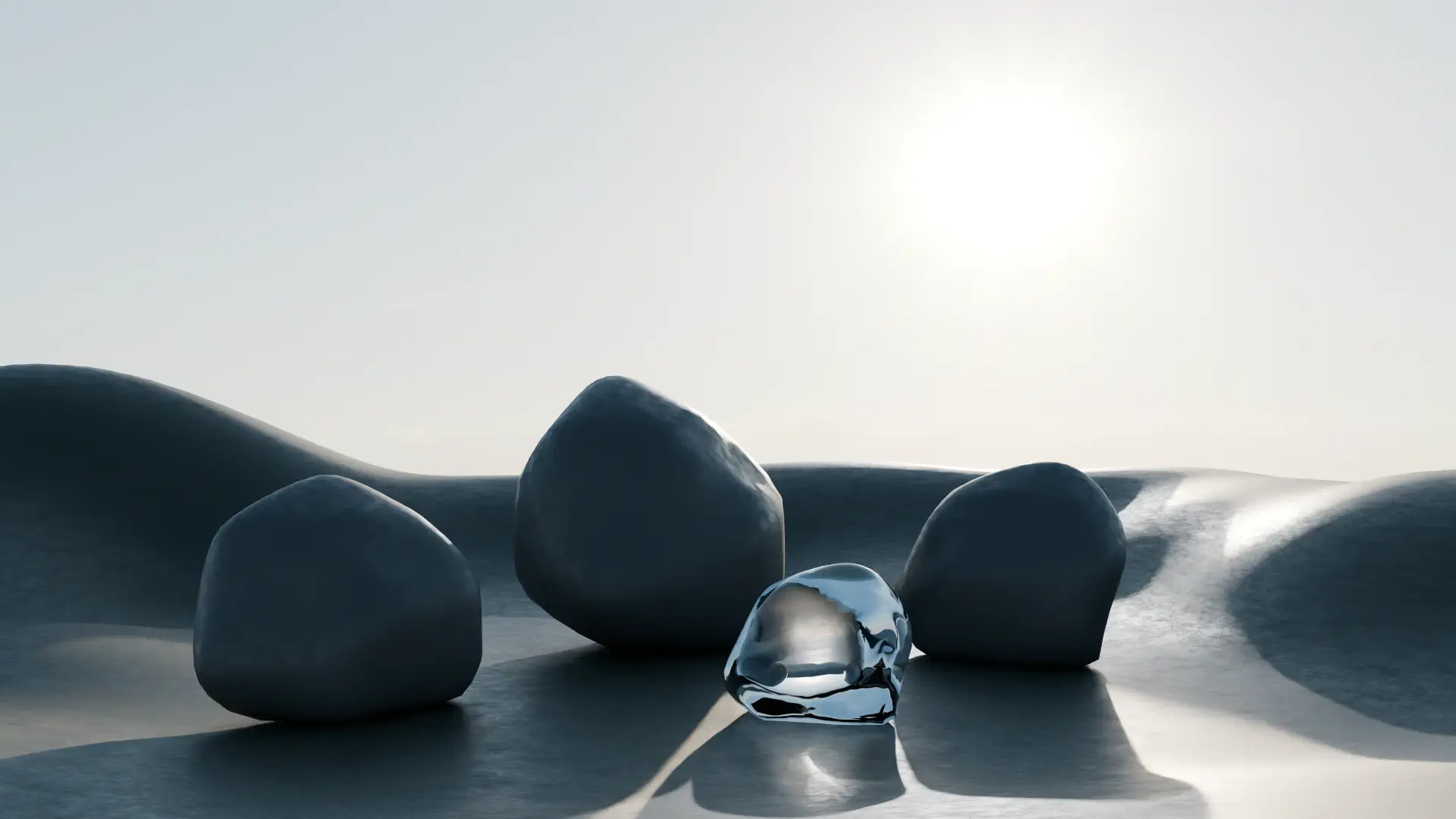 A 3D render of rocks on a rocky terrain in clear daytime. There is also a glassy rock in front.