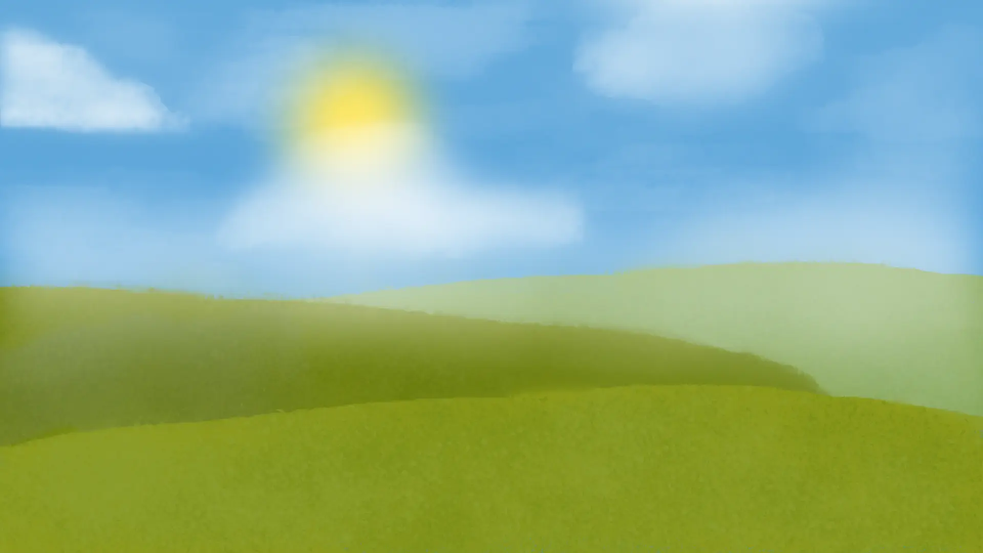 A drawing of grassy terrain in daytime with clouds and fog in the background.
