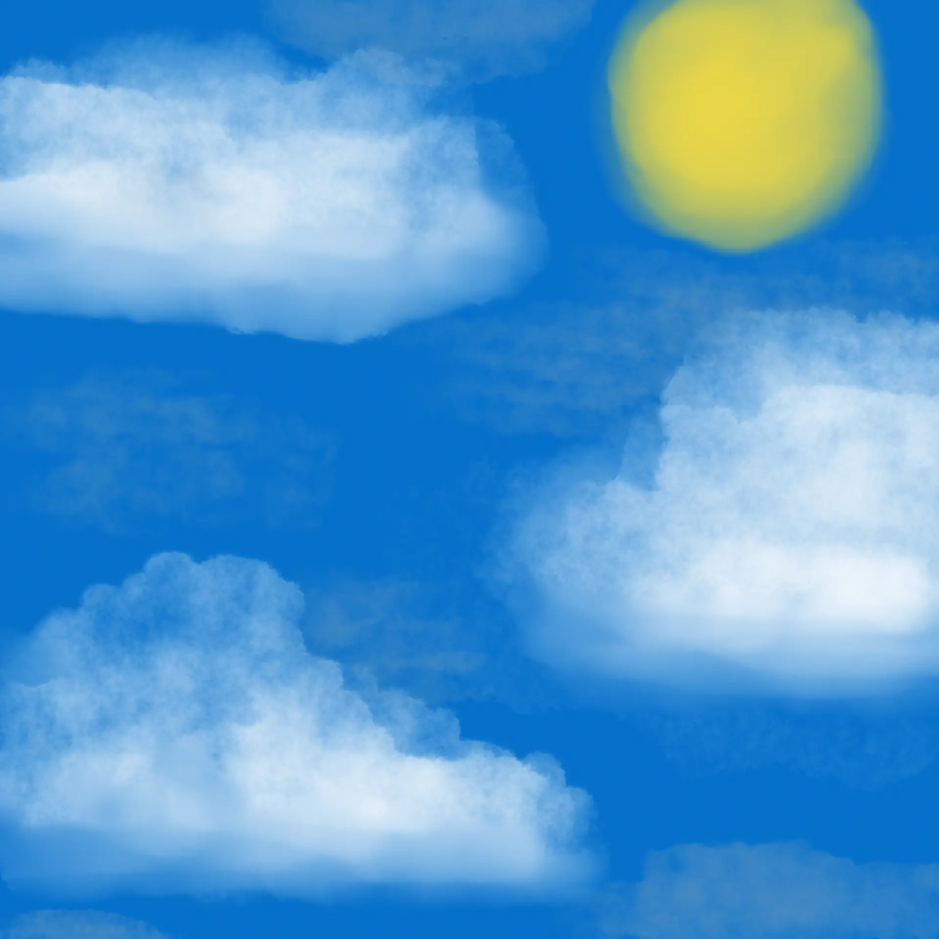 A watercolor painting of the sky with realistic clouds and a blurry sun in the background.