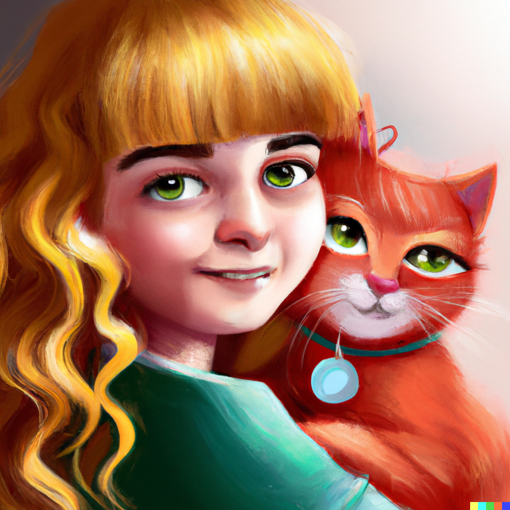 A realistic cartoon painting about a girl named Lina and her red cat